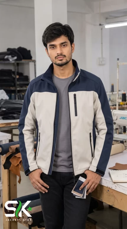 Front view of a male model wearing a two-tone navy blue and off-white softshell jacket in a factory environment.