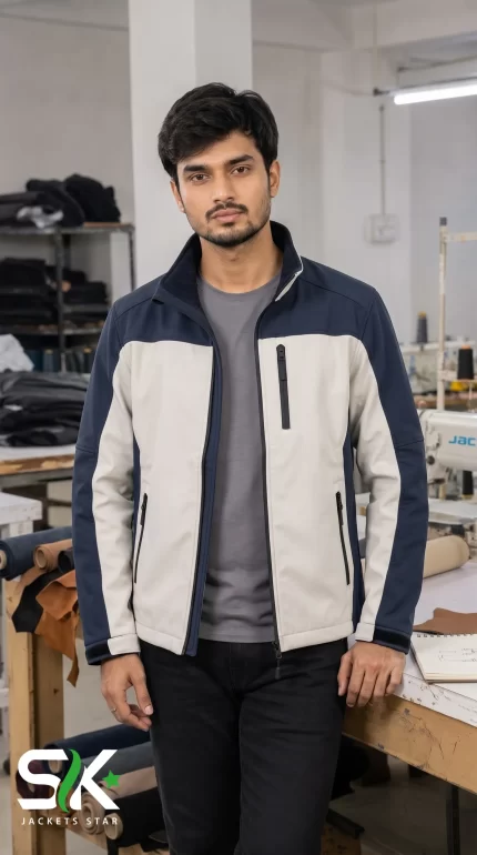 Front view of a male model wearing a two-tone navy blue and off-white softshell jacket in a factory environment.