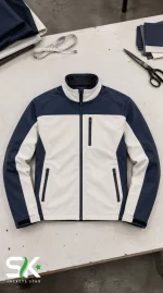 Flat lay front view of a men's navy blue and off-white softshell jacket with zippered pockets, high stand collar, and adjustable cuffs on a cutting table.