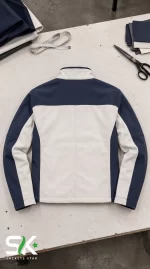 Flat lay back view of a men's navy blue and off-white softshell tactical jacket on a cutting table with tailoring tools.