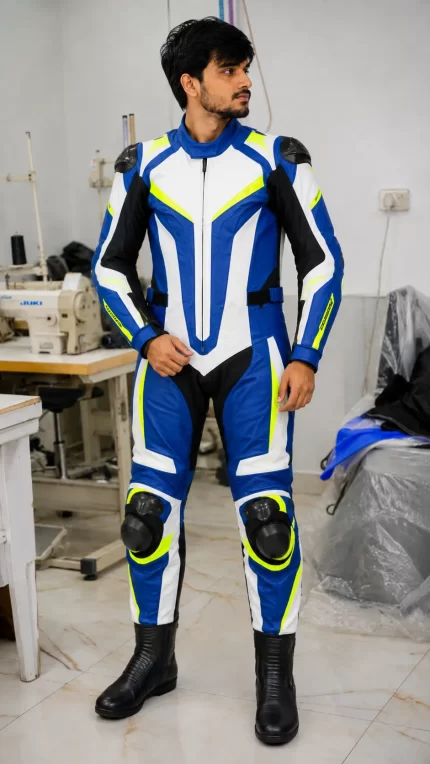 Male model standing in factory wearing a blue, white, black, and neon yellow leather motorcycle racing suit.