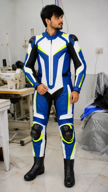Male model standing in factory wearing a blue, white, black, and neon yellow leather motorcycle racing suit.