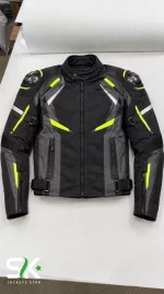 Custom motorcycle textile jacket front display with neon highlights, shoulder TPU guards, and dual zip pockets.