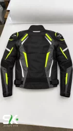 Flat lay back view showing our production of a black and neon yellow textile motorcycle jacket with external shoulder sliders and reflective striping.