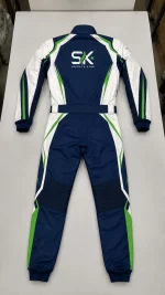 Flat lay rear view of navy blue, white, and green custom go-kart racing suit manufactured on demand in Sialkot.