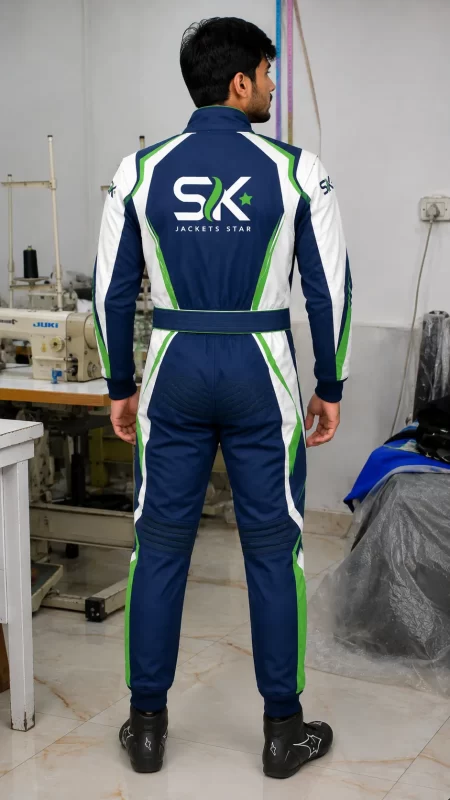 Rear view of male model wearing navy blue white and green custom go-kart racing suit with back logo in Sialkot apparel factory.