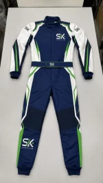 Navy blue green and white custom go-kart racing suit flat lay display manufactured in Sialkot.