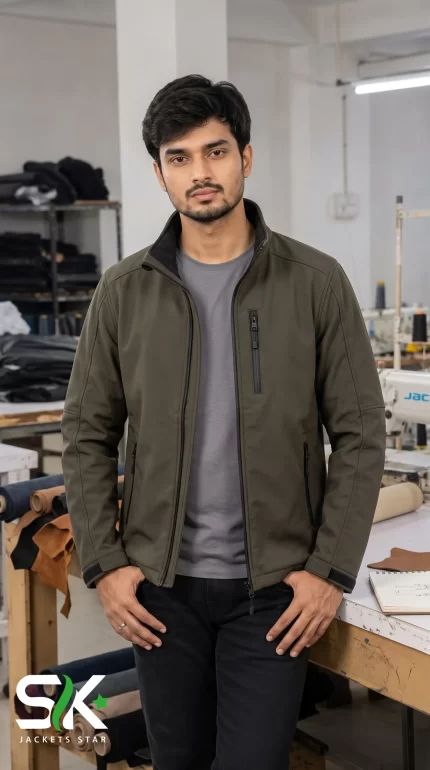 Front view of a male model wearing an olive green softshell tactical jacket in a garment factory studio setting.