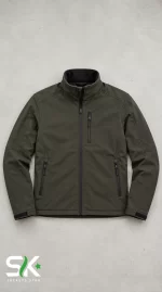 Flat lay front view of an olive green softshell tactical jacket with waterproof zippered pockets, high stand collar, and adjustable cuffs.
