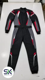 Black grey and red full-body armored motorcycle racing suit manufactured in Sialkot for custom OEM private label brands.