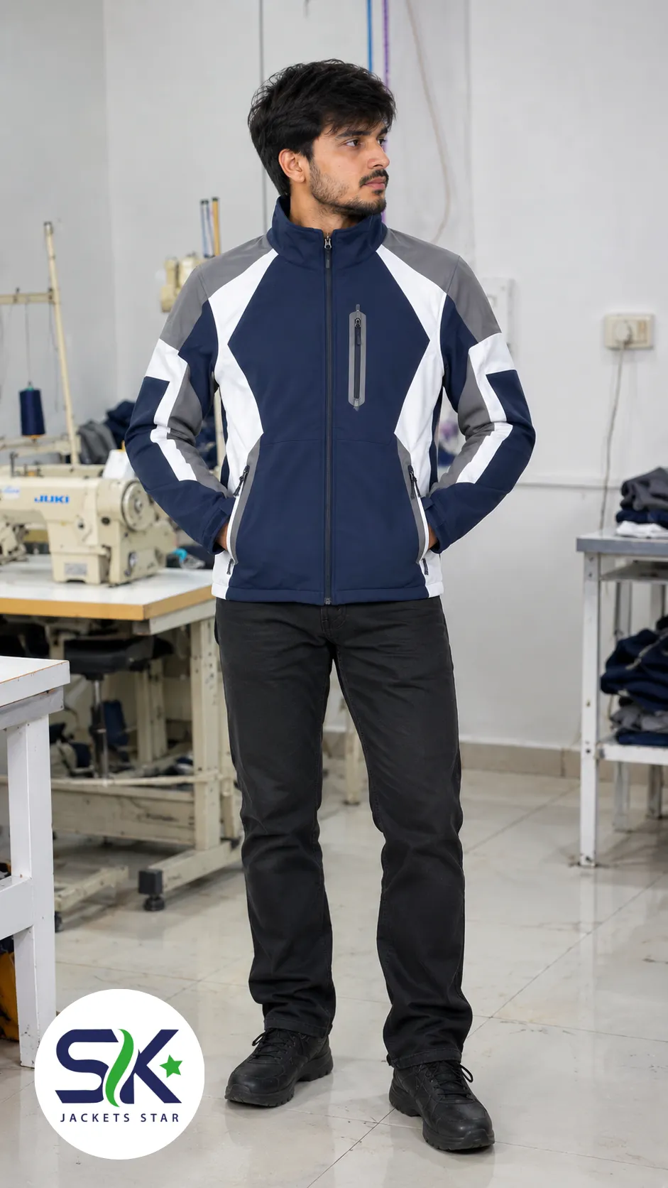 Custom Softshell Outerwear Jacket Front View Male model standing in garment factory wearing navy blue, grey, and white windproof softshell jacket made on demand in Sialkot.