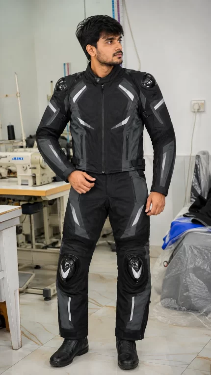 Male model standing in factory wearing a 2-piece black and gray Cordura motorcycle suit with armor sliders.