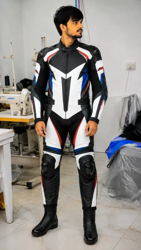 Model standing in factory wearing a top grain leather motorcycle racing suit with black, white, blue, and red paneling.