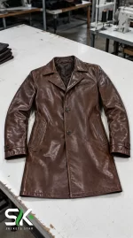 Top-down front view of our handcrafted long brown leather coat featuring a notched lapel, button closure, and slanted hand pockets on a factory workbench.