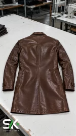 Flat lay rear perspective of our custom manufactured long brown leather trench coat with a structured back yoke and central spine seam.